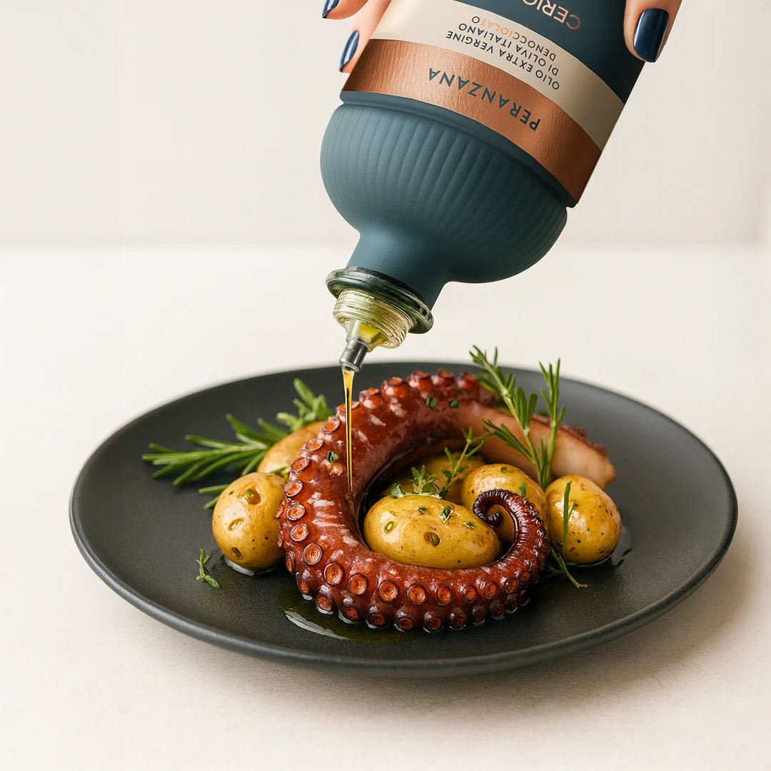 polpo alla griglia e patate con olio extravergine di oliva coratina monocultivar bottiglia oleificio cericola